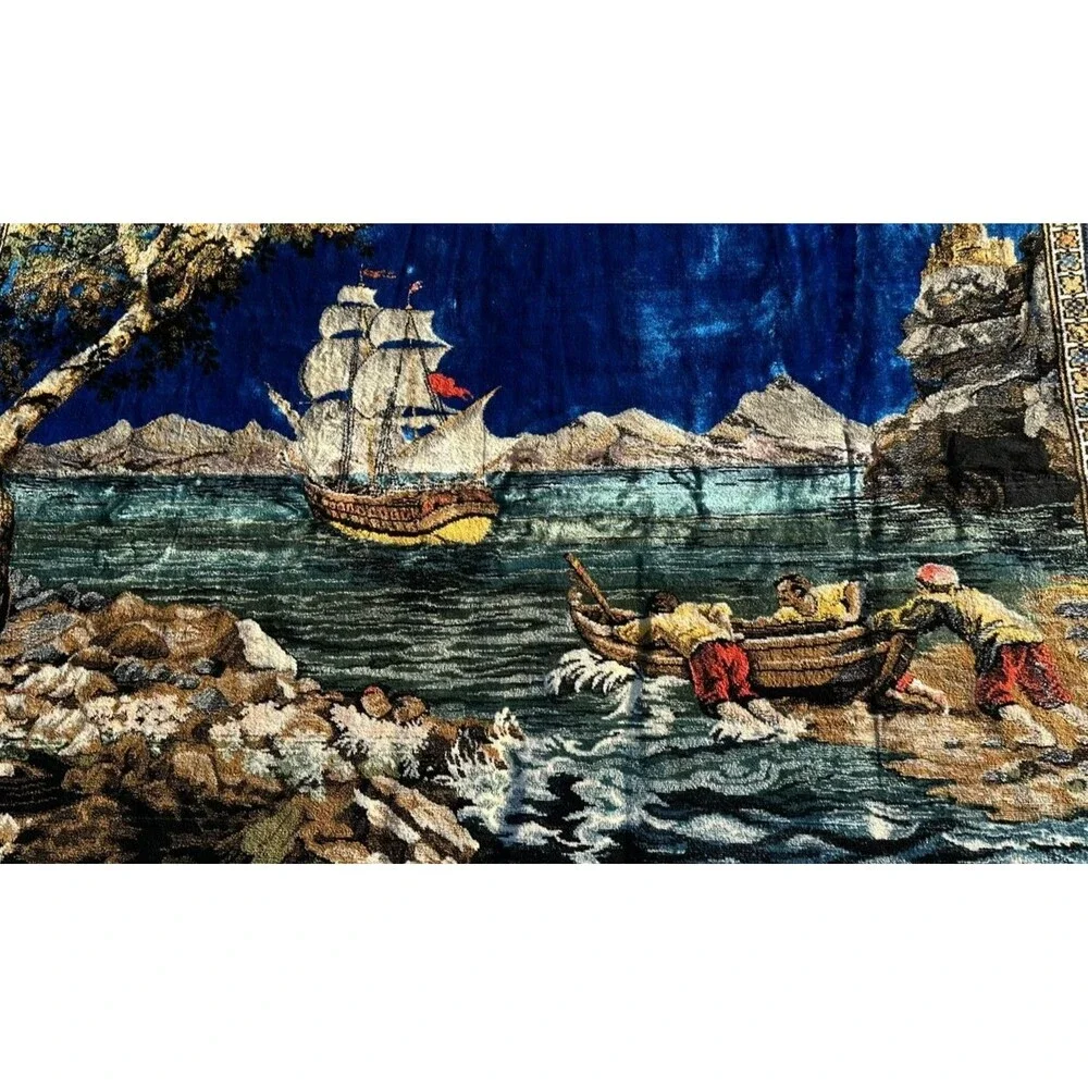 Vintage Italy Velvet Wall Rug Nautical Ship Lighthouse Scene 58x38